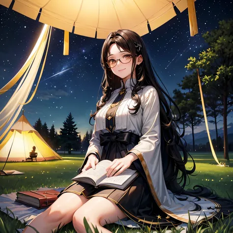 Young man sitting on the grass and reading a book, Long black curly hair, wear glasses, Exquisite smile, Bright brown eyes, look up to the sky, light, whole body, Under a big tree, A longer view, Tent in the background, Starry Sky, Illuminating the night, ...