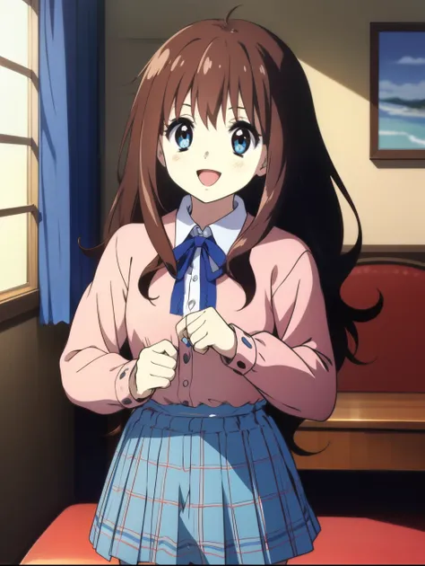 Ai shindou, 1girl, solo, long hair, floating hair, blue skirt, blue uniform, brown hair,  long sleeves, blue sea eyes, plaid, open mouth, smile, plaid skirt, ribbon, cowboy Shot,
home in the room,
masterpiece, high quality, very_high_resolution, large_file...