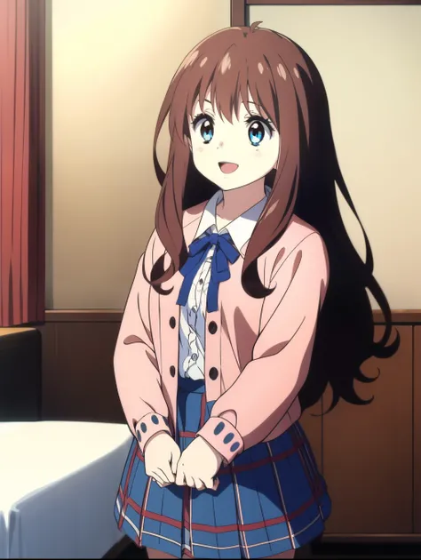 Ai shindou, 1girl, solo, long hair, floating hair, blue skirt, blue uniform, brown hair,  long sleeves, blue sea eyes, plaid, open mouth, smile, plaid skirt, ribbon, cowboy Shot,
home in the room,
masterpiece, high quality, very_high_resolution, large_file...