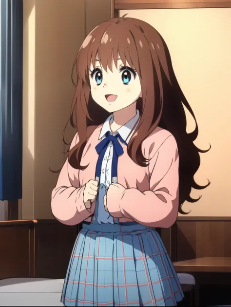 Ai shindou, 1girl, solo, long hair, floating hair, blue skirt, blue uniform, brown hair,  long sleeves, blue sea eyes, plaid, open mouth, smile, plaid skirt, ribbon, cowboy Shot,
home in the room,
masterpiece, high quality, very_high_resolution, large_file...