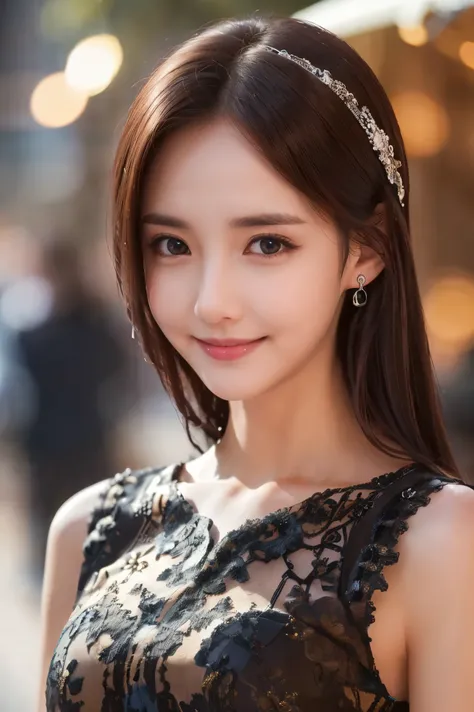 ((best quality, 8k, masterpiece :1.3)), 1 girl, smiling, whole body, face slimming, pretty Woman, (Dark brown hair), full length dress :1.1, Super detailed faces, delicate eyes, double eyelids, blurred background, face slimming, City, external, street,