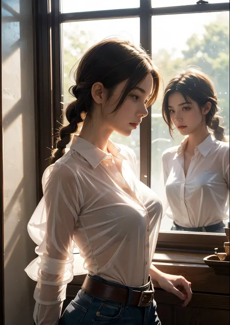 (Highest quality, masterpiece, High resolution:1.1),Use natural light and colour, Hyper-detailed clothes, Cinematic Light, One girl,amount, Embarrassing ,blush, Braided short hair, Beautifully shaped, upward-facing breasts, Chest belt,race, In the changing...