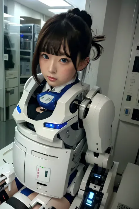 masterpiece, Best Quality, Extremely detailed, 8K portrait,Japaese android girl,Plump , control panels,Robot arms and legs, Blunt bangs,perfect robot girl,a bit chubby,white gloves,chest monitor,blue eyes,Charging spot,She is exhibits,exibition hall,promo ...