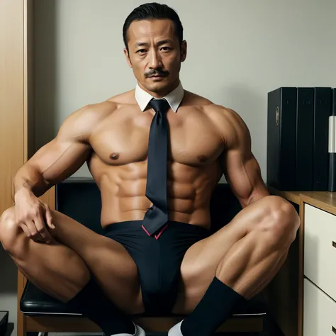 40 years old，Hidetoshi Nakata，（Kogoro Mori 1.3），whole body，Body，rope，tie，Lifting，Lean，muscle，Suit，office，black，sock，transparent，Thick body hair，underwear，Topless，Fortitude，HD，With a mustache