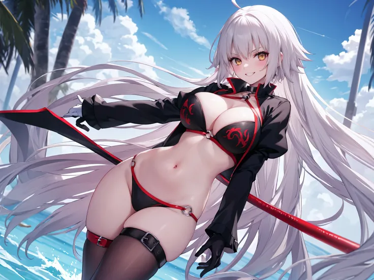 masterpiece, best quality, 1girl, , silver hair, ahoge, gold eyes, shaggy_long_hair,, gigantic_breasts, , blue sky_beach_landscape,covered_groin,covered_nipples,solo,young_teen,,open_legs,,crotch_armor,cowboy_shot,crotch, asymmetrical legwear, long hair, b...