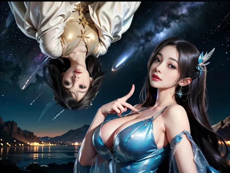 group_mf, 2girls, a beautiful, cute fairy in the starry night sky, (2 sexy and cute fairy sisters), close friends, yuri, kiss on the forehead, detailed face, long eyelashes, detailed eyes, detailed lips, detailed nose, detailed ears, flowing hair, glowing ...