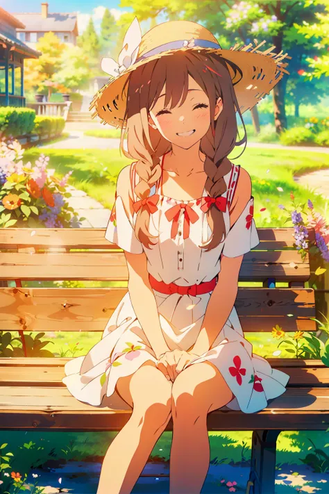 a beautiful girl sitting on a park bench in a flower field, smiling at the viewer, with a straw hat, brown braided hair, white dress, jewelry, and closed eyes. the background is blurry with petals in the air. (best quality,4k,8k,highres,masterpiece:1.2),ul...