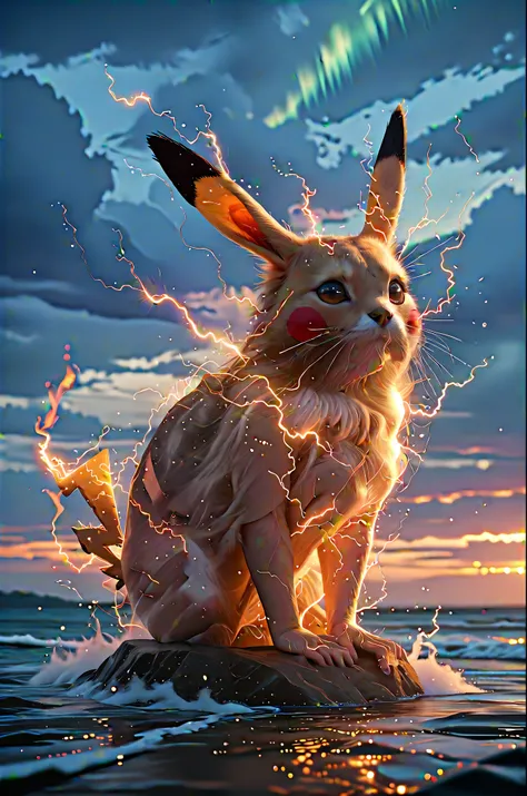 Pikachu is unhappy,
Aurora,electricity,rich and colorful,Luminescence,
Surrealism, best quality, masterpiece, Flawless, Gorgeous, Lovely, Stunning beauty, Perfect anatomical structure,
Fraction_9, Fraction_8_Direction_7_up,
on the beach, Cloud sky, 
Ghibli...