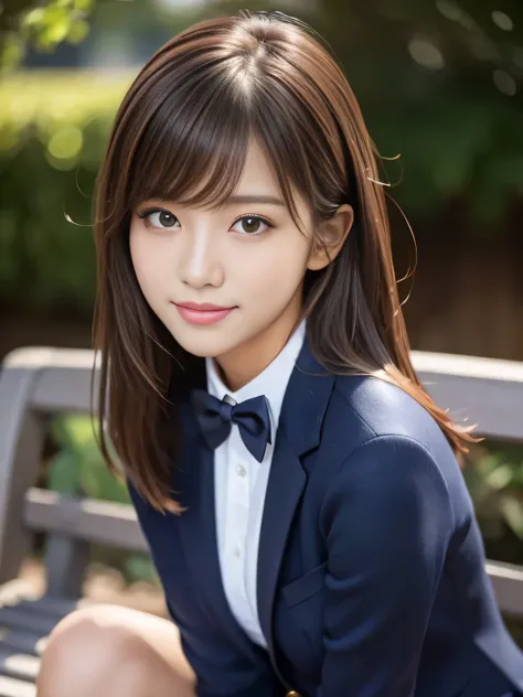 (Detailed Skin:1.2),(Glossy Skin:1.1), 8k, Top Quality, Masterpiece, Ultra High Resolution, (Photorealistic:1.4), RAW Photo, (Soft Saturation:1.3), Beautiful Korean idol sitting on bench, navy blue school uniform, dark bow tie, traditional style navy blue ...