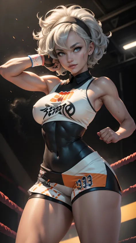 Bea da pokemon,(best qualityer,4K,8k,high resolution, work of art:1.2)(weather: windy), kung fu dojo background, short curly hair, gray hair, cropped shirt, micro shorts, thigh high stockings, headband, gloves, leotard, nipples, ultra detailed, realistic, ...