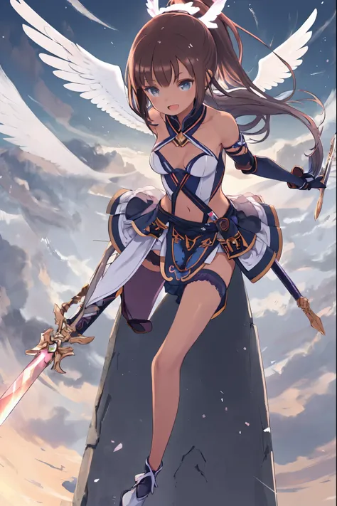 fantasy, 1angel_girl, low_teen, dark_brown_hair,ponytail,long_bangs, (dark_skin)+, bare_shoulder, navel out, thighhighs,silver_shiny_armor, white_clothes,waist_armor, Glebe, hold_swords_emits_light, medium_breasts, dynamic_flying_pose,Floating, (1pair_whit...