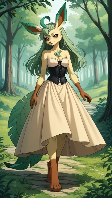 (zPDXL2), (PonyXLV6_Scores), source_anime, source_anthro, 
Solo, an Anthro furry female Leafeon pokemon, light brown eyes, green tail, green hair, shoulder-long hair, tall slender body, wearing dress with corset, smile, fluffy tail, with exposed toes, feet...