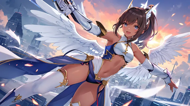 fantasy, 1angel_girl, low_teen, dark_brown_hair,ponytail,long_bangs, (dark_skin)+, bare_shoulder, navel out, thighhighs,silver_shiny_armor, white_clothes,waist_armor, Glebe, hold_swords_emits_light, medium_breasts, dynamic_flying_pose,Floating, (1pair_whit...