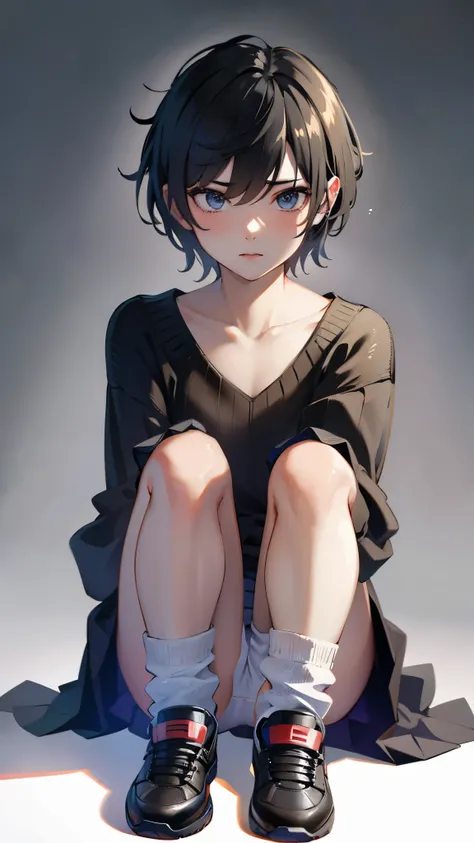 Inside the street,one 1 boy,fem boy,crossdresser,black short hair,slender body,((full body)),displeased,sulky,((flat chest)),sitting,((ribbed sweater)),((torn skirt)),((sneaker)),4K, 8k, High resolution, masterpiece:1.2, Very detailed, Realistic, photoReal...