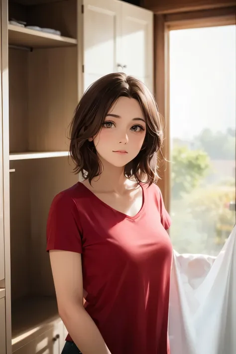 short, wavy, brown hair, wearing a red sclub, holding a white cloth. Indoor setting with cabinets and window, soft lighting from the left, creating a calm, everyday atmosphere. Simple, close-up shot with even exposure. washing hands, hospital, formed soap,