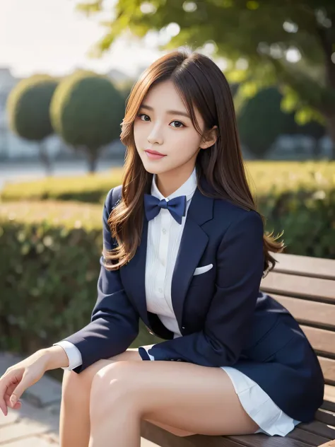 (Detailed Skin:1.2),(Glossy Skin:1.1), 8k, Top Quality, Masterpiece, Ultra High Resolution, (Photorealistic:1.4), RAW Photo, (Soft Saturation:1.3), Beautiful Korean idol sitting on bench, navy blue school uniform, dark bow tie, traditional style navy blue ...