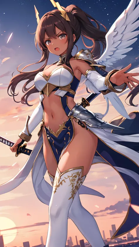 fantasy, 1angel_girl, teen, dark_brown_hair,ponytail,long_bangs, (dark_skin)+, bare_shoulder, navel out, thighhighs,silver_shiny_armor, white_clothes,waist_armor, Glebe, hold_swords_emits_light, medium_breasts, dynamic_flying_pose,Floating, (1pair_white_wi...