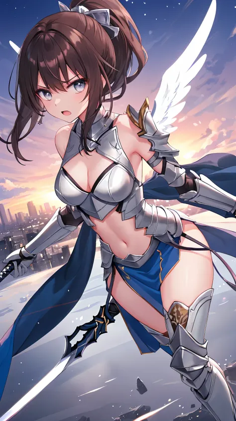 fantasy, 1angel_girl, teen, dark_brown_hair,ponytail,long_bangs, (dark_skin)+, bare_shoulder, navel out, thighhighs,silver_shiny_armor, white_clothes,waist_armor, Glebe, hold_swords_emits_light, medium_breasts, dynamic_flying_pose,Floating, (1pair_white_wi...