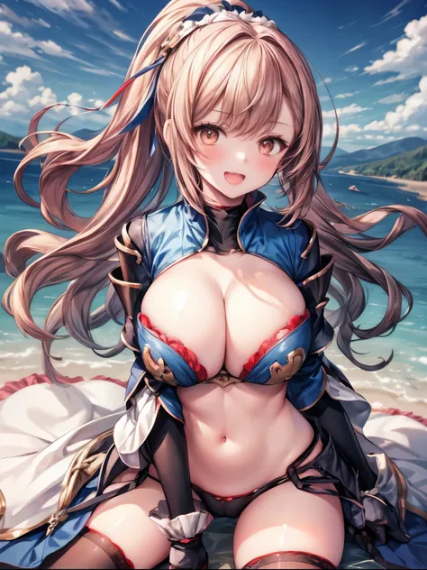 masterpiece, best quality, 1teen_girl,def,beatrix, ponytail, hair ribbon, gauntlets, blue shirt, gloves, cleavage cutout, looking at viewer, big_smile, large breasts, sky_landscape_background ,,happy,covered_nipples,young_teen,full_of_beans,,laugh,blush,op...