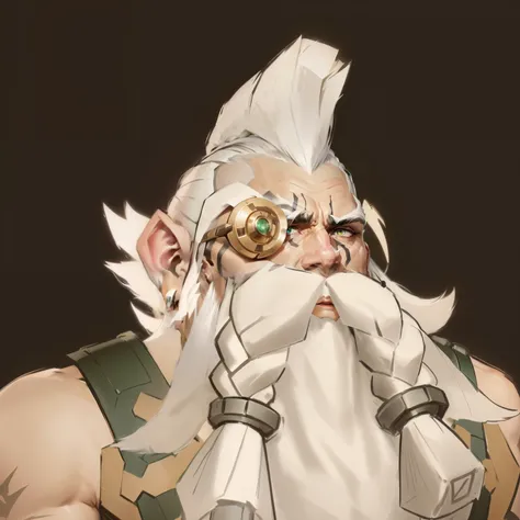 Serious, White Mohawk Hairstyle, Long white beard,Braids,White long eyebrows, Futuristic Metal Monocle, screw,Green sleeveless shirt,With shoulder pads, side view, Look slightly to the side, Confident and wise expression, Smooth skin,With some wrinkles, bl...