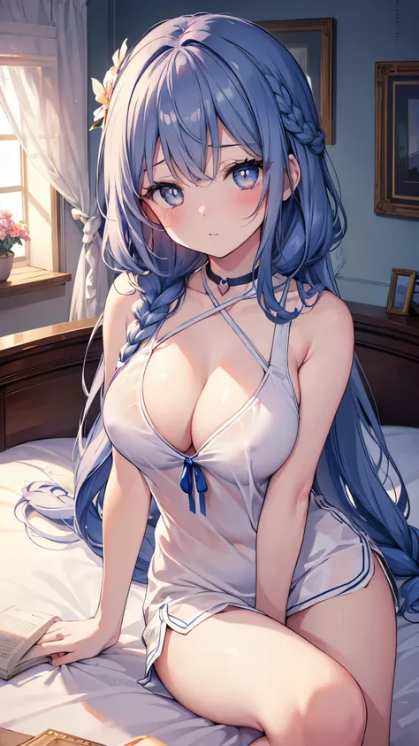 masterpiece, best quality, ultra-detailed, illustration, well endowed, beautiful detailed eyes, 1girl, detailed bedroom scenery, lying on bed, blue long braided hair, white tank top, big chests, full-face blush, heart-shaped pupils, 