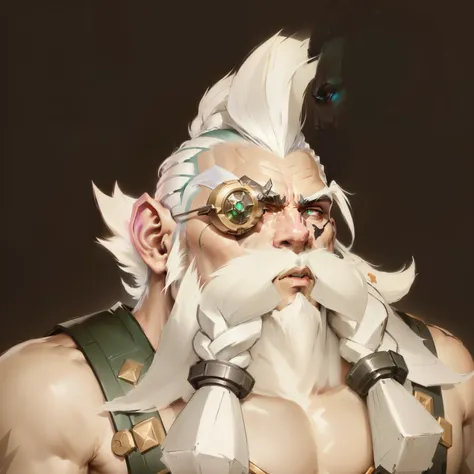 Serious, White Mohawk Hairstyle, Long white beard,(Braids:1),White long eyebrows, Futuristic Metal Monocle, screw,Green sleeveless shirt,With shoulder pads, side view, Look slightly to the side, Confident and wise expression, Smooth skin,With some wrinkles...