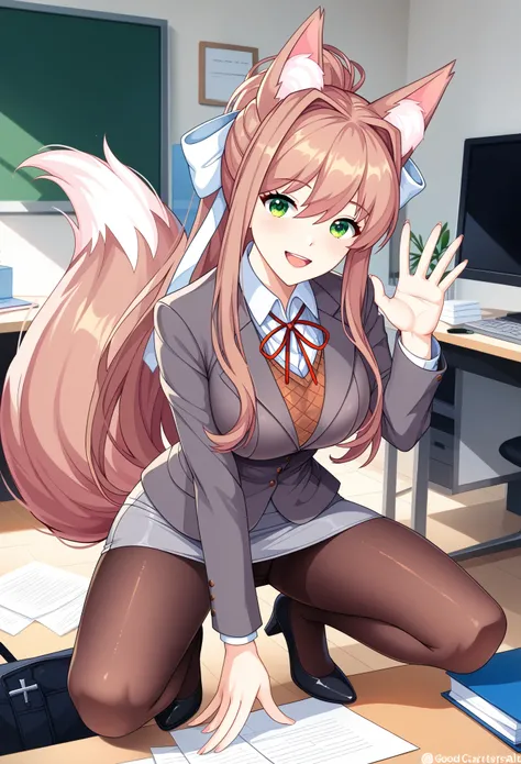 ((masterpiece, best quality:1.2))((coral brown hair))((emerald green eyes)),solo,1girl,monika(doki doki literature club),(fluffy_fox_tail), business outfit, black jacket, gray tight skirt, sexy squat pose, pantyhose, good hands, good anatomy, good fingers,...