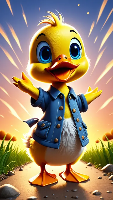 cute duck, cartoon , farm clothes, arms up, hands ,cute eyes, looking at viewer, cute, straight, meteor, flawless, detailed, hea...