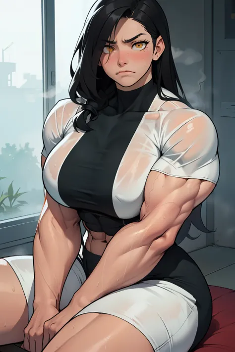 massive breasts huge breasts ((((muscular girl)))) ((((muscular girl)))) ((((muscular girl)))) toned body long hair black hair yellow eyes pale skin serious look empty eyes sad frown embarrassed embarrassed embarrassed embarrassed  feminine sitting steam f...