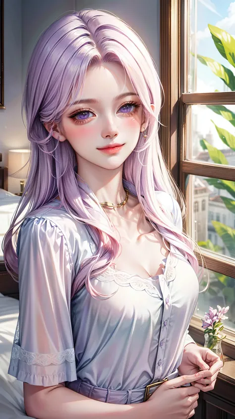 (Higher resolution, clearly_image) Best quality, A woman, masterpiece, Very detailed, Semi-realistic, 2, beautiful, young, Handsome, t-shirt, Lilac shirt pull, Collar around the neck, Internal, modern room, window, wake up, morning, blush, Smile