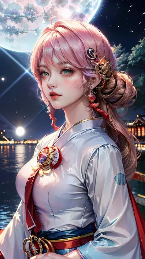 (((masterpiece: 1.5, best quality, high resolution: 1.3, Super Resolution, Super Detail, Super Detail: 1.3, Rich background: 1.2))), 1 girl, Solitary, Green Eyes, Pink long hair，Tied with a blue ribbon, Bangs, Cute hairpin, Uniforms, White Seraphon, Red sa...