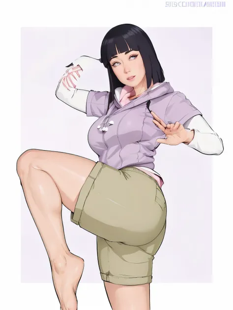master part, absurderes, hinata(boruto), 1 girl, standing alone,mature woman, purple hoodie,layered sleeves, short brown jeans sexy, plein-air, cloudy sky, perfect composition, circumstantial lips, large breasted, pretty face, Body Proportion, blush, (pink...