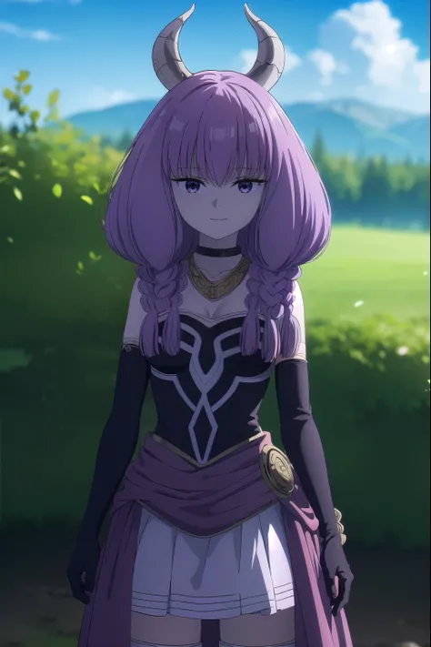 (masterpiece),( Highest quality), (High resolution), (unity 8k wallpaper), (shape:0.8), (Beautiful attention to detail:1.6), (Highly detailed face), (Aura), One Girl, Purple eyes, Long Hair, Purple Hair, Braiding, Horn, twin Braidings, smile, (mini skirt),...