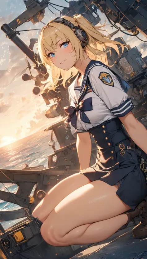 {{masterpiece, best quality, extremely detailed CG, unity 8k wallpaper, cinematic lighting, }}, Sony α7, wide frame, South Pacific, during war with Asian powers, wind blowing on Aegis ship, 1 Girl, Full Body, smile, she is a US Navy sailor, Caucasian, 20 Y...
