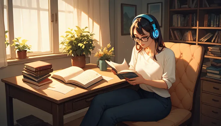 Create an image of a  sitting in her room, studying at night, with headphones on, wearing glasses, sitting in a chair in front of her desk, reading an open book. Youth dress, wide pants. Table light on.