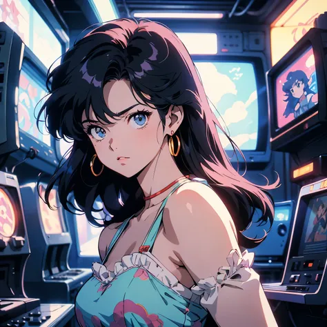 retro arcade anime woman, anime atmosphere of the 80s, 80s anime style, retro anime girls, 1980's anime style, retro anime image...