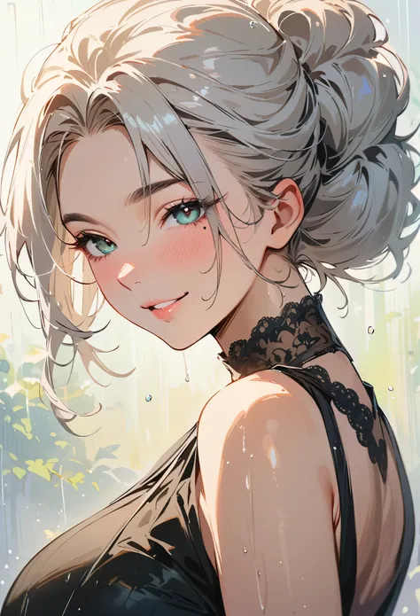 (masterpiece, best quality:1.4), 1 girl, 独奏, Snow-white pupils, Blurred eyes, Close your left eye, Smile,Tilt your head back 45 degrees, Right tear mole, (White coiled hair:1.2),  Shiny hairstyle, huge breasts, Mini Girls, Backlight, Rainy Day, Black Tulle...