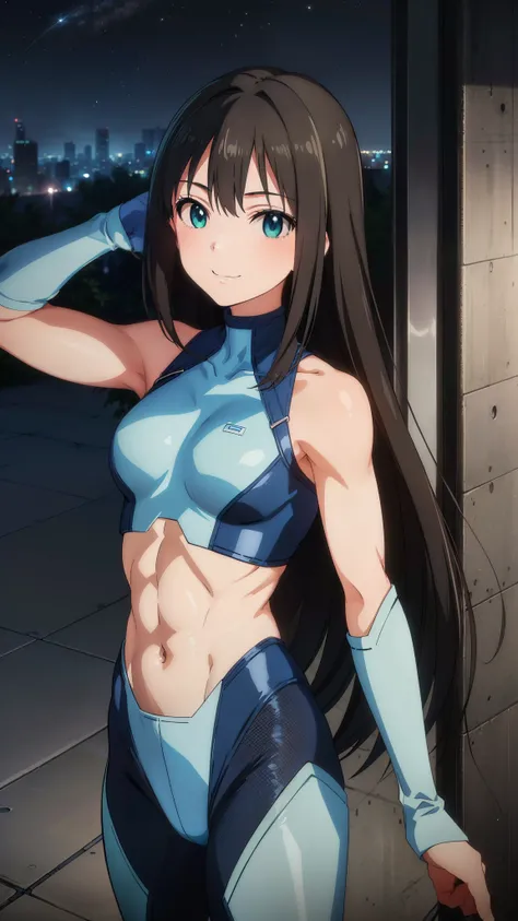 (masterpiece、Highest quality、In 8K、High resolution:1.2)、alone、One Girl、 Rin Shibuya、((smile))、 Tight clothing、Cowboy Shot、Look at the viewers、Blue Hero Suit、Blue bodysuit、Tight suit、((Trained abdominal muscles))、（Trained biceps）、(building:1.2)、Night view
