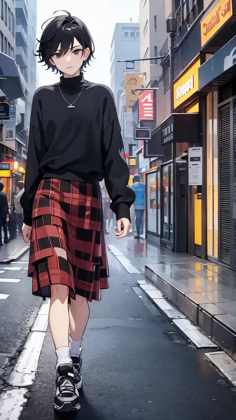 Inside the street,one 1 boy,fem boy,((crossdresser)),black short hair,slender body,((full body)),displeased,sulky,((flat chest)),((ribbed sweater)),((layered skirt)),((maxi length checkered skirt)),((socks)),((sneaker)),4K, 8k, High resolution, masterpiece...