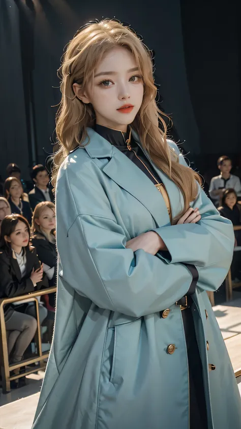 Girl wearing, luxury  cyan coat,  Coat belt, golden blet, with bishop collar design, shoulder length hair, wavy hair, glowing skin, star in eye, red lips, blur audience background, cute poses , upper body, light blonde hair.