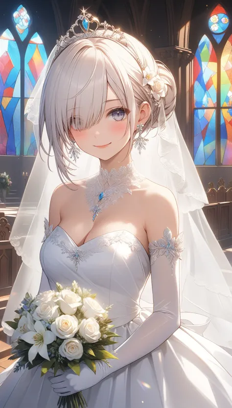 1girl, solo, breasts, looking at viewer, blush, smile, short hair, bangs, gloves, dress, holding, cleavage, bare shoulders, jewelry, medium breasts, closed mouth, standing, flower, white hair, earrings, elbow gloves, indoors, white gloves, hair bun, white ...