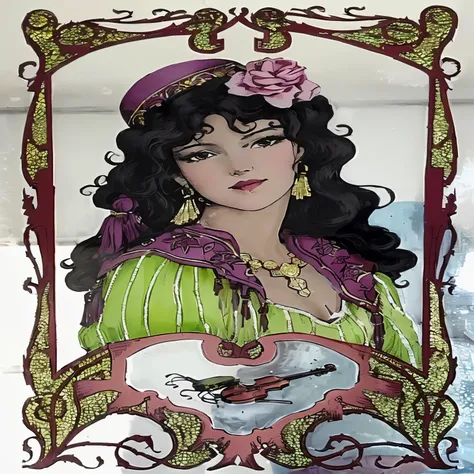 The image shows a woman with long, curly black hair adorned with a pink flower on one side. Her hairstyle also includes a purple hat or headpiece.. She is wearing a vibrant green dress with intricate purple and gold detailing.. The dress has a slightly ope...