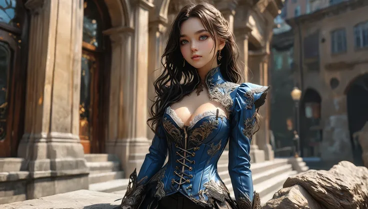 Top Quality, Masterpiece, High Resolution, 8k, (((cute skinny barely legal vampire hunter girl in revealing silk blouse with patterned leather corset, wide cleavage, deep neckline, and latex leggings, small perky breasts, beautiful detailed eyes, beautiful...