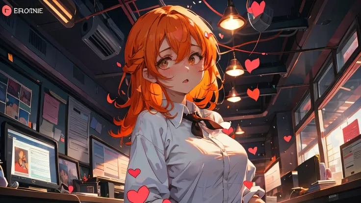 cover for romantic game. confused and surprised girl with long orange hair in office clothes surrounded by hearts