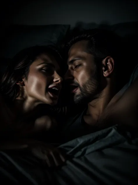 screaming man and woman holding each other lying on a bed in an intimate moment, wearing casual clothes, dark and sensual image,...