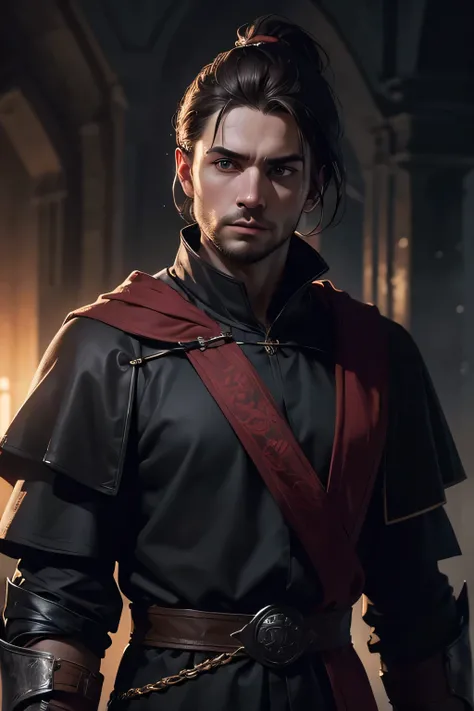 (extremely detailed 8k wallpaper), (dark theme), Dragon Age, 20 years old man, solo, (mage robes), very short ponytail hair, bright brown hair, thin beard, pale white skin, human, (subsurface dispersion:1.1), plain medieval armor, centered face, award-winn...