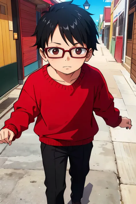 Young kid boy with black glasses and black hair and brown eyes. Red sweater
