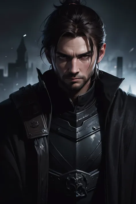 (extremely detailed 8k wallpaper), (dark theme), Dragon Age, 20 years old man, solo, (mage robes), very short ponytail hair, bright brown hair, thin beard, pale white skin, human, (subsurface dispersion:1.1), plain medieval armor, centered face, award-winn...