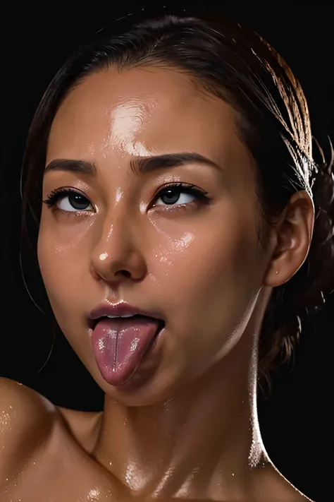Tabletop,,Awards - Winning Photos, Very detailed, Keep your eyes focused, Nose and mouth,Face Focus, Woman with open mouth and closed eyes, Black camisole、Age 35,Black-haired、Symmetrical face,Realistic nostrils、Angle from below、Frowning, Frowning, Sticking...
