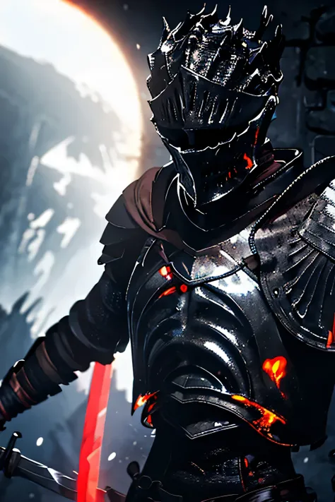 a knight at the end of time, with black armor, A big sword in the hands, looking at the camera, closed helmet, dark eclipse background,